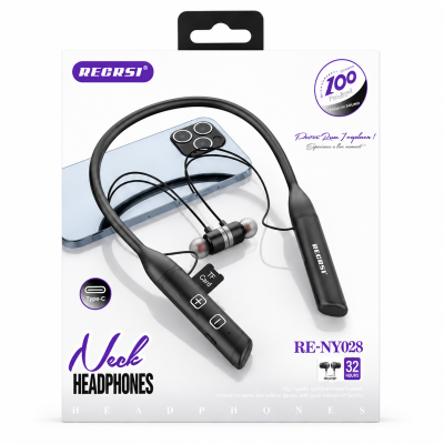 RECRSI RE-NY028 Wireless Bluetooth 5.1 Neckband Earphone - Black | 400mAh Battery, Up to 32 Hours Playtime & Fast USB Charging